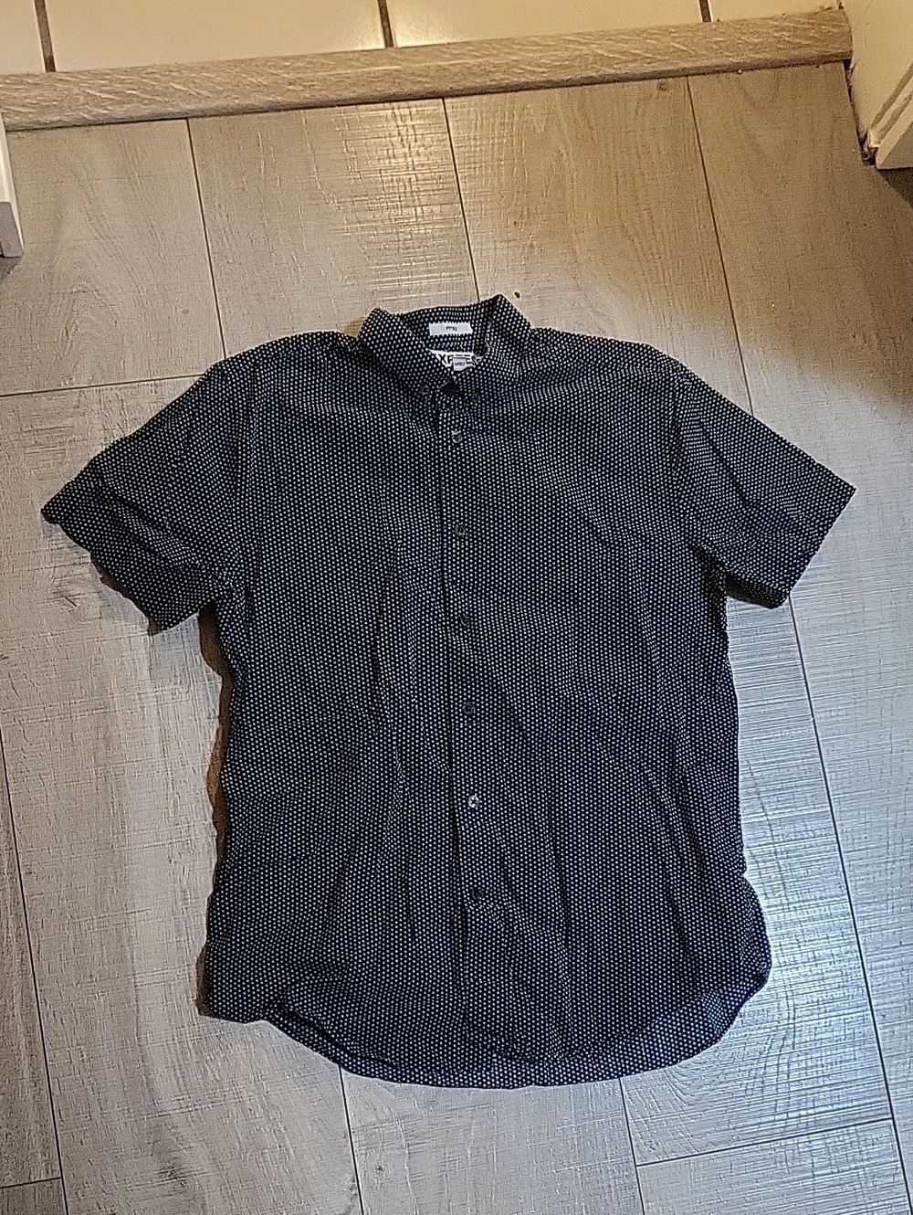 Express Men's Black Short-Sleeve Button-Down with White Micro Dot Print